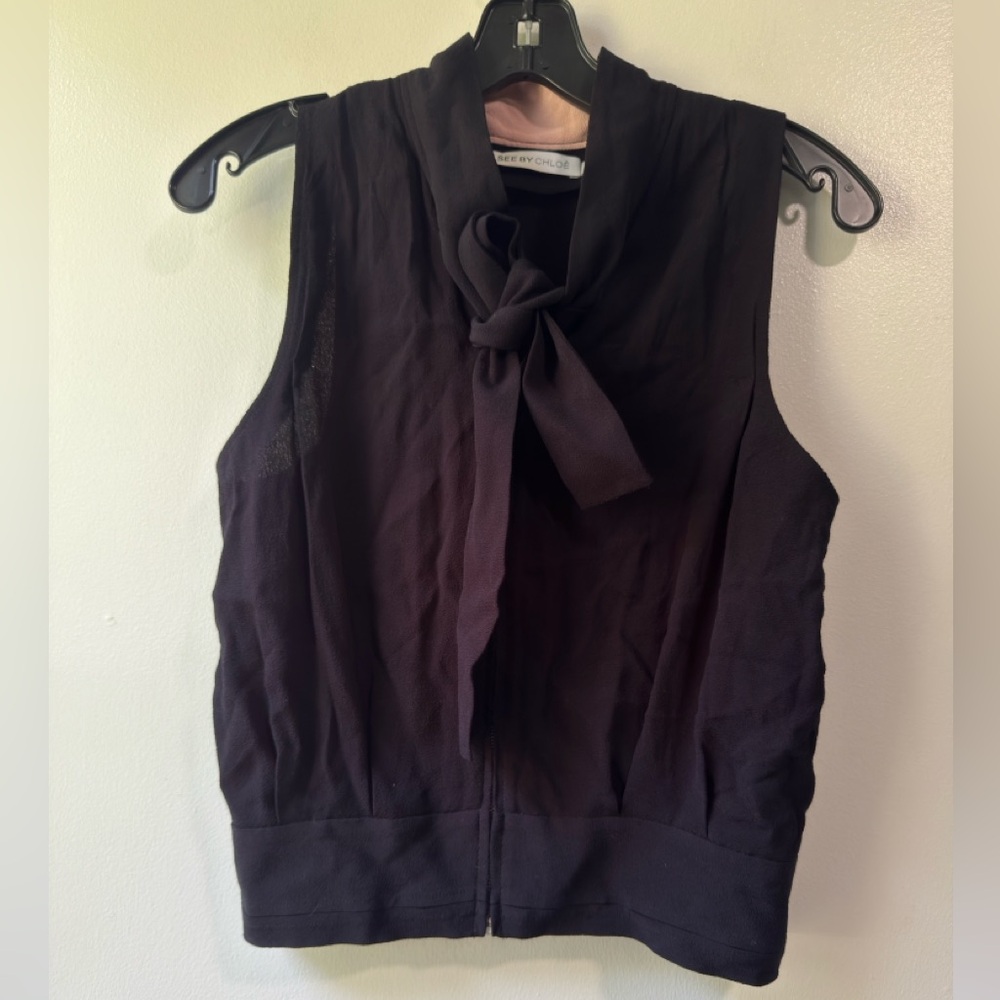 See By Chloe Black Sleeveless Tie Neck Full Zipper Blouse
